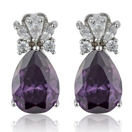 [RIZILIA TEARDROP] Stud Drop Pierced Earrings with Pear Cut Gemstones CZ [Purple Amethyst] in 18K White Gold Plated, Simple Modern Elegance