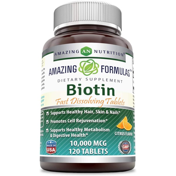 Amazing Formulas Biotin Fast Dissolving Tablets-10000 MCG Tablets(Non-GMO,Gluten Free)-Supports HealthyHair,Skin & Nails-Promotes Cell Rejuvenation-Supports Healthy Metabolism(120 Count,Citrus Flavor)