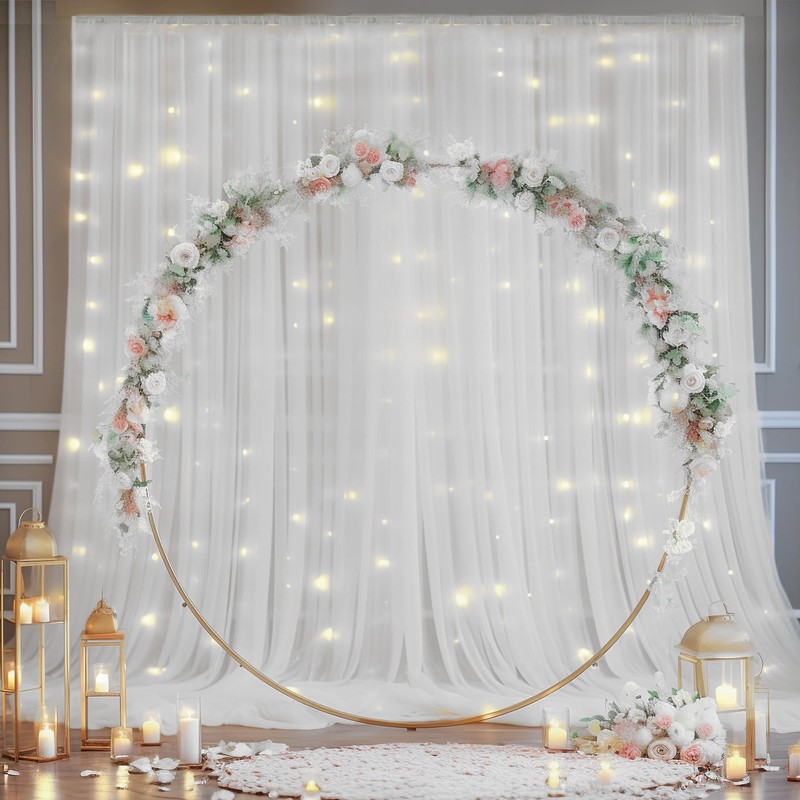 10×10ft White Tulle Backdrop Curtain with Lights String for Parites,