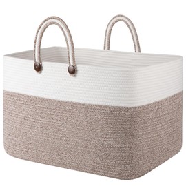 OIAHOMY 95L Large Blanket Basket, 24”x16”x15” Rectangle Woven Baskets For Storage, Nursery Blanket Storage Living Room, Toy Box With Long Handle-Gradient Brown With White