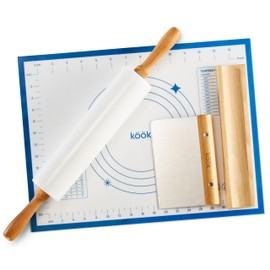 Kook Marble Rolling Pin Set, 18 Inch Rolling Pin with Beechwood Handles, Wooden Holder, Metal Scraper, Silicone Mat, Nonstick, for Baking Pizza Dough, Pastries, Tortillas