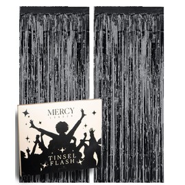 MERCY LONDON Tinsel Metallic Black Fringe Curtains for Party Decorations, Backdrops, Home Decoration, Shiny Decor, Party Decor