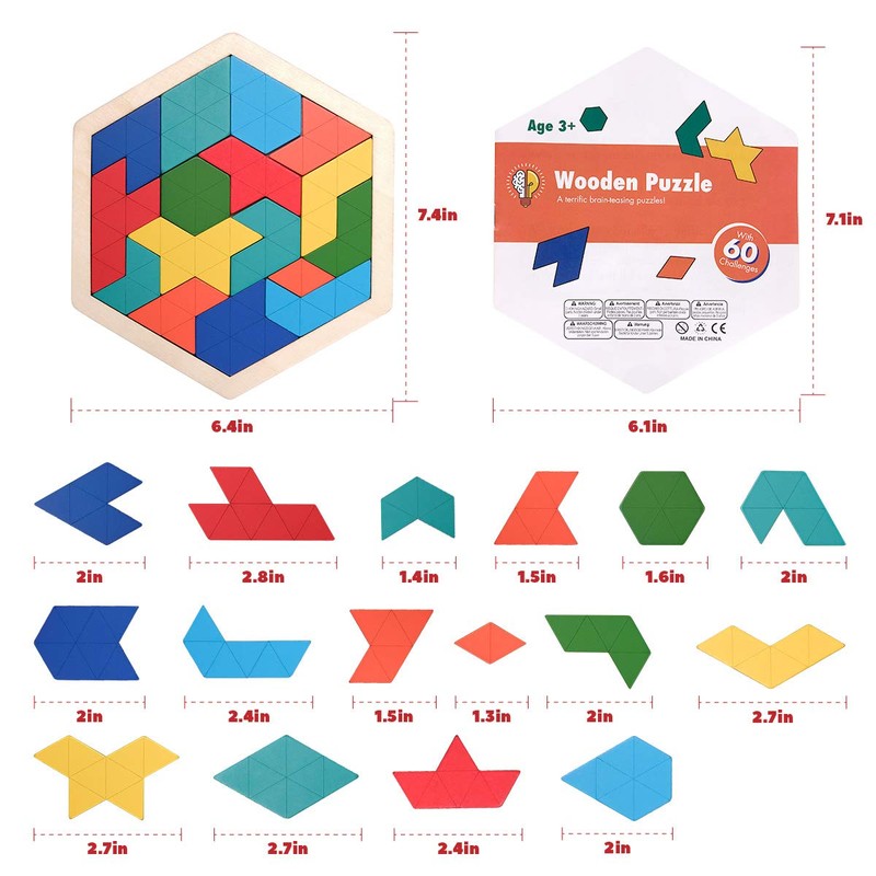 Wooden Hexagon Tangram Puzzle for Kids Adults, Geometric Shape Pattern