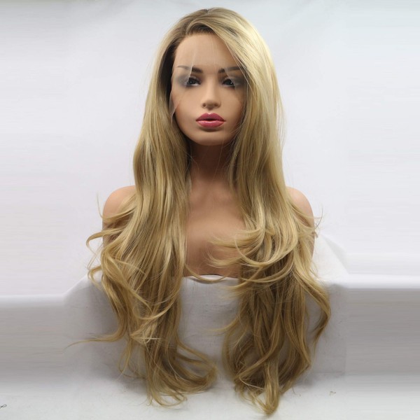 xiweiya long blonde synthetic lace front wigs wavy side part wavy wig brown root long blonde wavy wig hair replacement wig for women, drag queen makeup 24 inch (24")