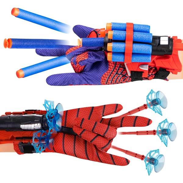 Jinhuaxin 2 Set Spider Web Shooter, Spider Launcher Wrist Toys Set Contains 2 Gloves, 2 Launchers, 5 Soft bullet, 5 Sucker Darts, 5 Suction Cup Darts, Launcher Gloves Toy Fulfills your Hero Dreams