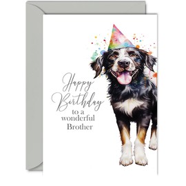 Birthday Cards for Brother - Party Hat Dog - Happy Birthday Card for Brother from Sister Brother, A5 Bday Gifts Greeting Cards for Men Him