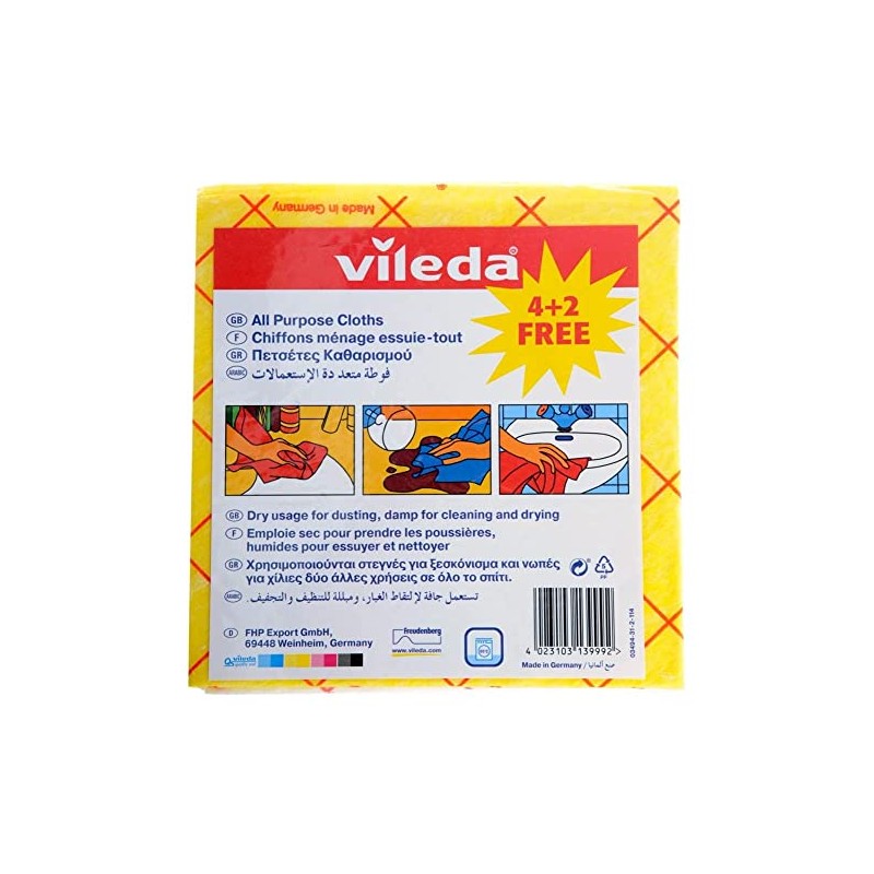 Vileda All-Purpose Cloth 4+2Pcs, Powerful Cleaning, Water-Absorbent, Durable - Yellow