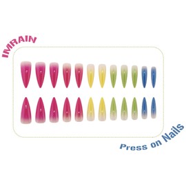IMRAIN Colorful Ombre Press on Nails Long Stiletto Fake Nails Gradient Artificial False Nails Glossy Pink, Yellow, Green, Blue Acrylic Nails Glue on Nails Full Cover Spring Stick on Nails