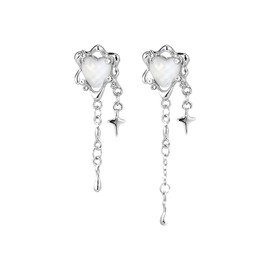 Moonstone Heart Tassel Earrings for Women, Cute Y2K Grunge Dangling Earrings Silver Stars Dangle Earrings Preppy Aesthetic Jewelry (Silver)