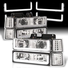 AJP Distributors Chrome LED DRL Projector Head Lights + Corner Bumper Signal Lamps Set Compatible/Replacement For C10 C/K C1500 C2500 C3500 K1500 K2500 K3500 Silverado Suburban Tahoe 94 95 96 97 98 99