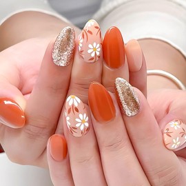 RUOKEXIN Almond Press on Nails Medium Fake Nails Orange False Nails with Flower Designs Glue on Nails Glitter Artificial Nails Full Cover Glue on Nails Cute Stick on Nails for Women 24Pcs