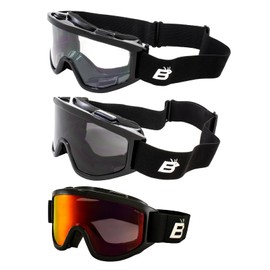 Birdz Eyewear Vulture Motorcycle Goggles ANSI Z87.1+ Padded Fit-Over Safety Goggles 3 Pairs Black Frame w/Clear Smoke & Red Mirror Lenses