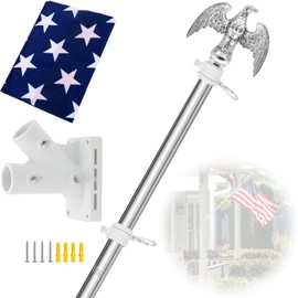 CQ Garden Flag Pole for Outside House, 6 FT Flag Pole Kit for Outdoor with Holder, 3x5 US Flag and Eagle Topper, Stainless Steel House Flag Pole for Porch (Silver)