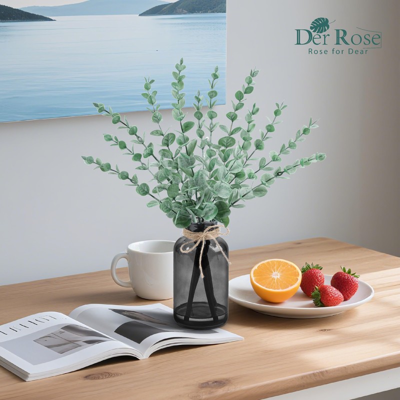 Der Rose 14.5 In Fake Plants Eucalyptus in Black Glassvase