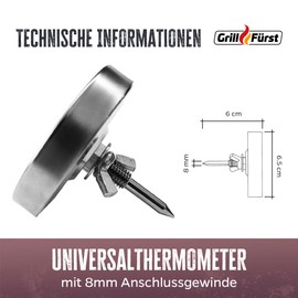 Grillfürst Therm 260 BBQ Lid Thermometer - Built-in Grill Thermometer for Grill, Smoker or Smoker Oven, Diameter 6.5 cm