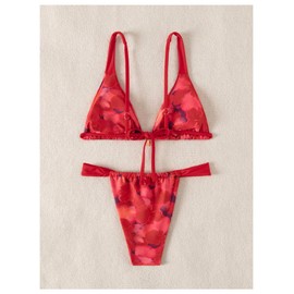 MakeMeChic Women's Floral Print 2 Piece Bikini Sets Tie Back Triangle Thong Bathing Suit Swimsuit Red Multi Medium