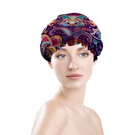 Hcopask Double Waterproof Shower Cap Colorful Paisley Stylized Birds Batik Indonesia Art Dot Reusable Adjustable Elastic Band Shower Hat Bath Equipment Suitable for Hair Caps of All Hair Lengths