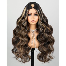Megalook hair Glueless Wigs Highlight Ombre V Part Wig Human Hair Body Wave Wig Balayage Wig Human Hair U Part Wigs for Women Human Hair 200% Density Beginner Friendly No Sew In No Leave Out 24 Inch