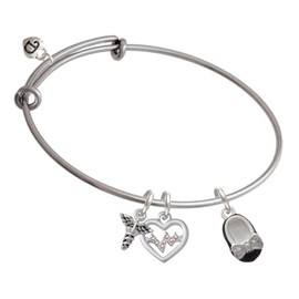 Delight Jewelry Silvertone Black Enamel Baby Shoe with Bow - Silvertone Pediatric Medical Heartbeat Charm Bangle Bracelet