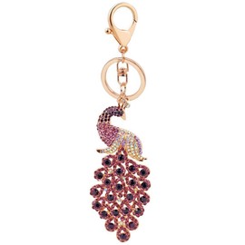Majestic Peacock Keychain Blingbling Crystal Handbag Charm for Feather Fans Key Chain Bird Animal Lovers Rhinestone Key Ring Holder Purse Bag Car Hanging Pendant Decoration Gift (Purple)