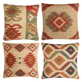 JAIPUR KILIM RUGS Set of 4 Wool Jute Vintage Kilim Cushion Covers,Home Decor Pillowcases Handwoven Turkish Pillow Decorative Throw Pillow Covers (Multicolor-11)