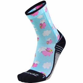 Zensah Limited Edition Running Socks - Fun and Crazy Mini Crew Compression Socks, Moisture Wicking and Anti Blister (Small, Flying Pigs-Sky Blue)