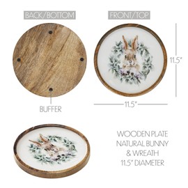 VHC Brands Bunny Hop Wooden Plate Natural w/Bunny & Wreath 11.5x11.5, Spring Decorations, Home and Table Decor, Spring and Easter Figurines