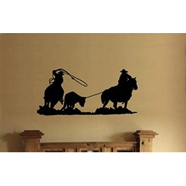 Horse Rider Decal, Team Roping Wall Sticker, Rodeo Cow Roping, Sport, Truck Trailer Graphic, Pro Cowboy, Barn Stable Decal, Kids Room Decor (18T X 38W)