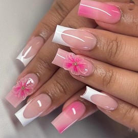 Pink Press on Nails Medium Square Fake Nails French Tip False Nails with 3D Flower Design Glossy Glue on Nails Ombre Acrylic Nails Full Cover Stick on Nails for Women Spring Manicure 24Pcs