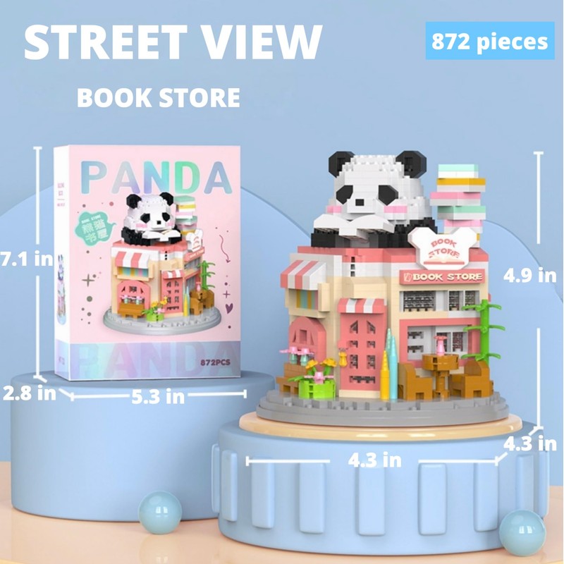 WULOBOOI Street View Bookstore Mini Building Blocks,872 Pieces Cute Panda