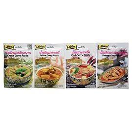 Curry Paste Sampler 4-Pack: Penang Curry Paste, Red Curry Paste, Yellow Curry Paste, Green Curry Paste. All The Most Popular Thai Curry Pastes for You to Savour.