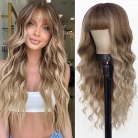 ZXUY Long Curly Wig with Bangs Party Wigs for Women Synthetic Heat Resistant Fiber Cosplay Wigs (Blonde 27inch)