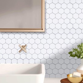 WalDecoo White 3D Hexagonal Peel and Stick Wall Tiles, 10 Sheets, Waterproof, Self Adhesive Backsplash for Kitchen and Bathroom (10 sq ft)