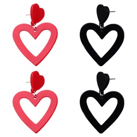 Acrylic Double Heart Valentines Earrings, 2 Pairs 80s Earrings Women Retro Colorful Earrings, Women Heart Statement Earring for Valentine's Day Birthday Heart Shaped Earrings (Rose Red + black)