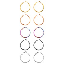 JewelryWe 5Pairs Fashion Large Hoop Earrings Set, Polished Stainless Steel Big Hoop Stud Earrings for Women Girls,Mixed Color 30MM
