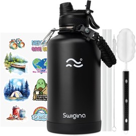 Swigina [2-IN-1 LID] 64 oz Insulated Water Bottle with Silicone Boot (48hrs Cold/24hrs Hot) - DIY Stickers, Leakproof, BPA Free, Half Gallon