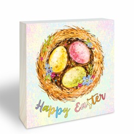 5 Inches Easter Wooden Block Sign - Colorful Bird's Nest Eggs Tabletop Decoration - Home Office Party Desk Shelf - Happy Easter -Spring Celebration Gifts & Decors For Family Friends- A07