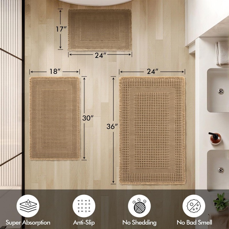 MIULEE Set of 2 Waffle Bathroom Rugs, Boho Bath Rug