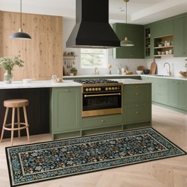 GarveeHome Kitchen Runner Rug 2x6 Runner Rug Non Slip Washable Runners for Hallways, Boho Vintage Rugs with Rubber Backing, Soft Low-Pile Indoor Carpet for Entryway, Laundry, Bedroom, Blue Black