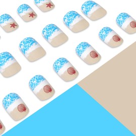 24Pcs Summer Press on Nails Short Square Fake Nails Blue Wave Starfish Shell Design False Nails Matte Full Cover Glue on Nails Cute Artificial Nails Stick on Fingernails for Women Girls