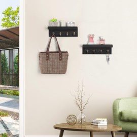 HRONRAD 2 Pack Farmhouse Wooden Key Holder, Shelf with Hooks, Coat Rack Wall Mount, for Entryway, Bathroom, Kitchen, Black
