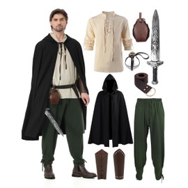aicoaub 9Pcs Mens Renaissance Viking Costumes Set for Men Medieval Pirate Toys Elf Hunter Ren Faire Dress up Full Outfit