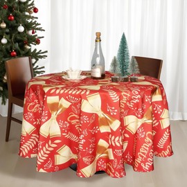 Trimming Shop Polyester Tablecloth Round 70 Inch, Water Resistant Wipe Clean Christmas Table Cover Protector for Dining Room, Buffet, Banquet, Xmas Party Home Decoration, Palm Leaves & Ribbon