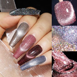 MIZHSE Reflective Glitter Cat Eye Gel Nail Polish 7ml, Sparkly Diamond Cateye Soak Off Gel Polish Magnetic Manicure Set for Nail Art Salon 12Pcs