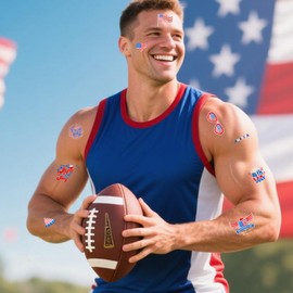 4th of July Temporary Tattoo for Adults and Kids, Glitter Silver USA Patriotic American Flag Fourth of July Fake Tattoo, Memorial Day, Independence Day, Temp Tatoo Sticker Party