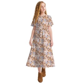 LaBeca Girls Elastic Crew Neck Butterfly Short Sleeve Midi Belted Dress with Pocket Apricot Floral 140Y
