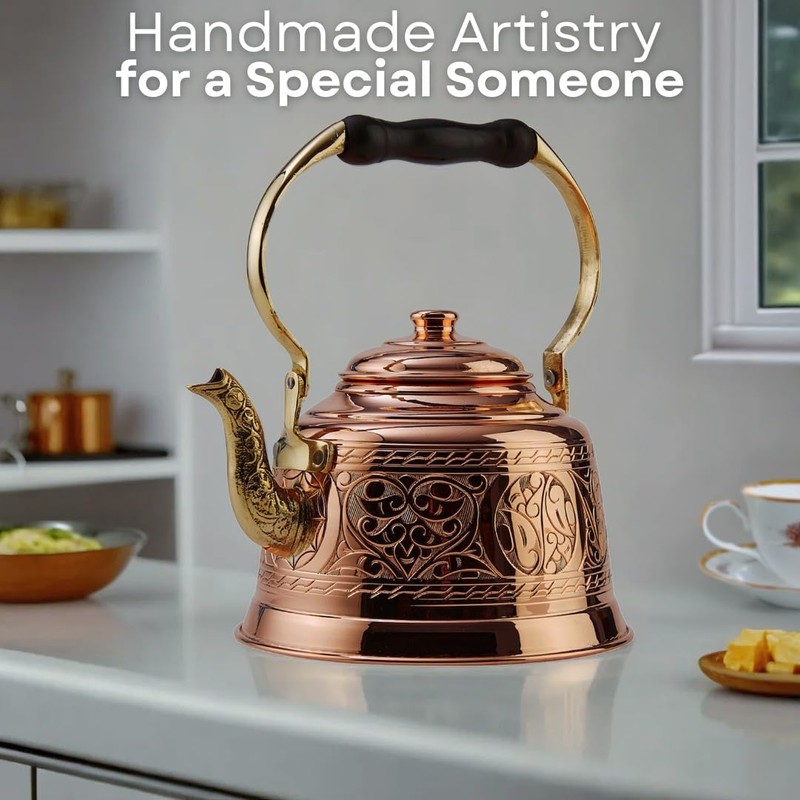 DEMMEX Heavy Gauge 1mm Thick Engraved Solid Copper Tea Pot