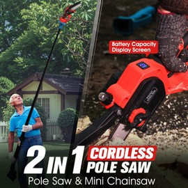 Cordless Pole Saw&Mini Chainsaw 2-IN-1, Electric Pole Saw With Two Batteries, Auto Lubrication, 6" Brushless Electric Chainsaw, Adjustable Head,15ft Reach Electrics Poles Saws for Tree Trimming