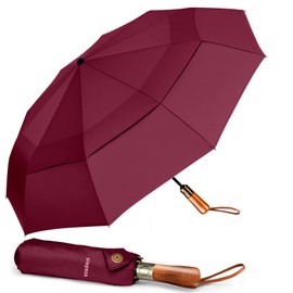 SIEPASA 49/54/62 Inch Windproof Golf Umbrella - Automatic Open/Close, Real Wood Handle - Large Folding Travel Umbrella for Wind, Rain & Sun Protection.(Burgundy/62)