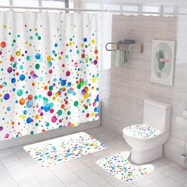 PAOPOED 4Pcs Colorful Shower Curtain Sets, Rainbow Polka Dot Funny Bathroom Decor for Kids with Non-Slip Rugs, Toilet Lid Cover and Bath Mat, Waterproof Shower Curtains with Hooks, 72 x 72 Inch